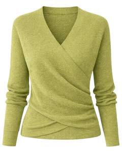 Women Olive Green Wrap Style Knit Sweater Long Sleeve V Neck Soft Casual Winter Top Elegant <b>Ladies</b> Fashion Pullover Daily Wear - Product Image 1