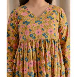 Yellow Jaal Printed Angrakha Long Dress with Flare Indian & Pakistani Clothing - Product Image 2