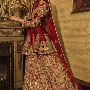 Heavy Dabka bordado trabajo nupcial Peplum Lehennga vestido 2023 colección adornado cristal seda algodón boda desgaste - Product Image 1