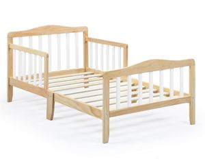Cama doble para niños pequeños en rieles de seguridad dobles naturales y blancos Acabado de madera maciza seguro para niños Se adapta a colchones de cuna de tamaño estándar - Product Image 3