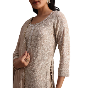 Beige Lucknowi <b>Kurta</b> Set With Flared Palazzo And Resham Work Dupatta Wholesale <b>Women</b> Ethnic Apparel OEM Factory Supplier Custom - Product Image 2