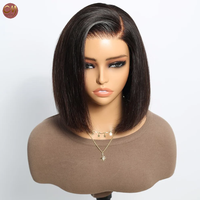 Perruque Courte Droite Classique Noire Naturelle Bob avec Dentelle HD Pré-Pluckée, Cheveux Humains Vierges pour Femmes Noires