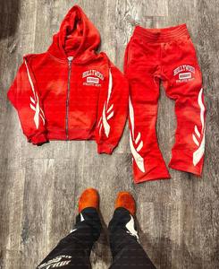 Custom Streetwear Vintage <b>Cropped</b> <b>Zip</b> <b>Up</b> <b>Hoodie</b> and Sweatpants Set Distressed Patch Embroidery Sun Faded Acid Wash Tracksuit - Product Image 5