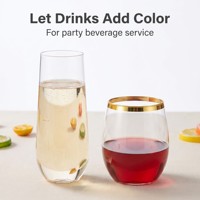 Gobelets en plastique transparent pour les fêtes, verres à vin sans pied et verres à champagne avec des options de bordure côtelée, diamantée et dorée