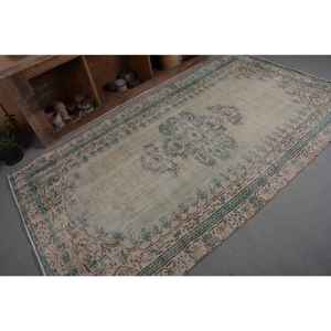 Vintage <b>Turkish</b> <b>Rug</b> Beige Green 4.7 X 8.3ft Handmade Wool Large Area Patchwork Design Rectangular Hallway Latex for Room Decor - Product Image 5