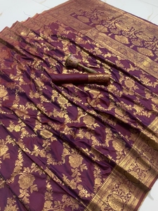 Saree-Blusa de seda dorada para correr, ropa de fiesta, boda - Product Image 2