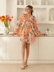 Vestido corto con estampado Floral para mujer con estilo indio hecho a mano 100% algodón cintura Natural regalo de novia personalizado ecológico - Product Image 3