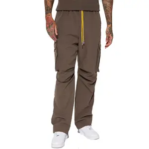 Top Quality Brown Baggy Fit Men Nylon Cargo Trousers With Drawstrings And Pockets Men Hip Hop Track Pants