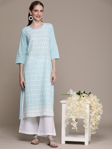 Kurta en pur coton brodé de fleurs pour femmes avec Palazzo indien pakistanais salwaar kameez - Product Image 2