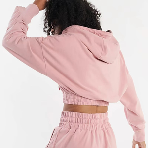 Logo personnalisé femmes coton ourlet élastique rose sport récolte épaule tombante pour les femmes sweat à capuche entraînement gym sweats à capuche courts - Product Image 3