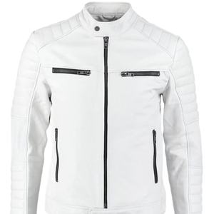 Men's <b>White</b> Genuine Soft Pure Lambskin Leather <b>Long</b> Thin Canvas Front Logo Biker Moto Jacket 2026 - Product Image 4