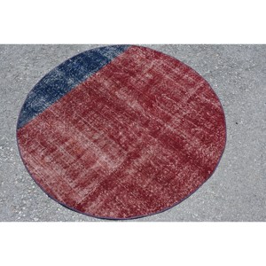 Alfombra tradicional ecológica de lana turca Vintage diseño de retazos rojo azul 3,9 pies X 3,9 pies decoración moderna pieza de declaración látex - Product Image 3