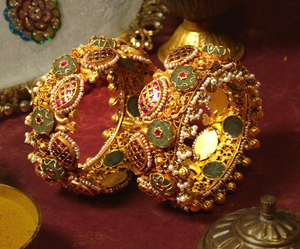 24 Carat Solid <b>Gold</b> Plated Handmade <b>Bracelet</b> High Quality Indian Bangle Kara Screw Openable in Pearls and Magenta MeenaKari - Product Image 3