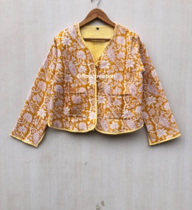 Veste matelassée à imprimé oiseaux et fleurs, faite à la main, style bohème, en coton, style floral, pour l'automne et l'hiver, style streetwear, réversible - Product Image 3