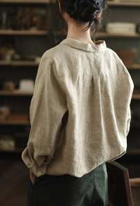 OEM Custom High Quality <b>Linen</b> A-Line Blouses Women Elegant Loose Long-Sleeved Square Collar Top Handmade Pockets Illusion - Product Image 3