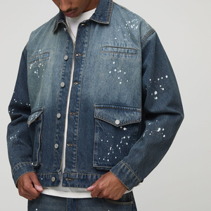 Haute qualité bouton fermeture avant poches cargo quantité minimale de commande bas veste surdimensionnée pour hommes partout Splash sérigraphie veste en jean - Product Image 2