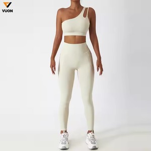 2025 nouveau Design femmes respirant hauts de sport taille haute élastique pantalon à revers avec poche Fitness course à séchage rapide Yoga ensemble - Product Image 4