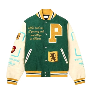 Veste d'hiver décontractée pour homme en cuir d'agneau avec manches en cuir, broderie chenille personnalisée, col montant, design baseball, varsity - Product Image 1