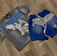 Haute qualité personnalisé écologique 100% coton lavage à l'acide Vintage Streetwear hommes ensembles de t-shirts bouffée impression strass écran pour