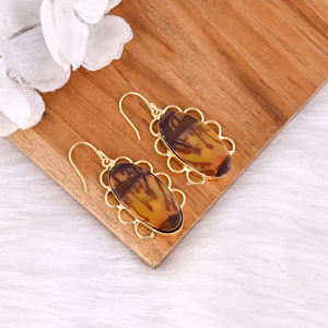 Pendientes Colgantes de Latón Antiguo para Mujer, Pendientes de Piedra Preciosa de Jaspe Malinga, Pendientes Hechos a Mano de Latón de Alta Calidad, Pedido al por Mayor - Product Image 2