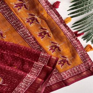 Sari VASTRA COTTAGE de Lino Premium con Estampado de Cuadros Zari, Diseño Completo con Trabajo de Espejo y Borde Tejido con Zari, Prenda Elegante - Product Image 2