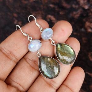 Pendientes de Labradorita y Piedra Lunar, Multi-Piedra, Plata 925, Colgantes, Hechos a Mano, Cristal, Joyería Boho, Regalo para Ella - Product Image 1