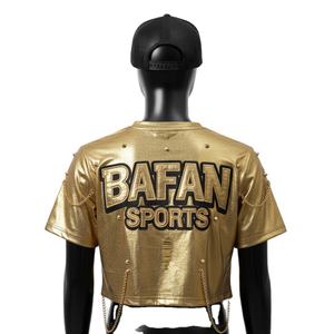 Top corto metálico prémium para mujer, de poliéster y spandex, suave y elástico, color dorado, diseño de logotipo con transferencia térmica, camiseta corta de algodón para mujer - Product Image 5