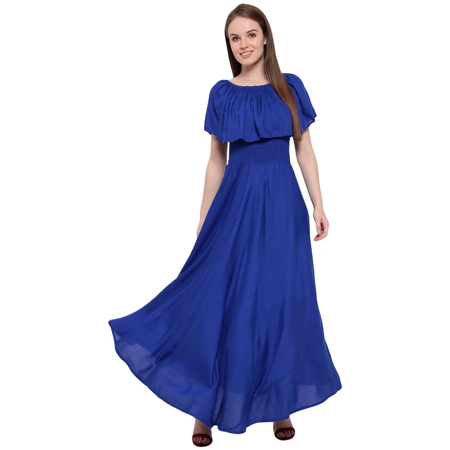 Women's Fit and Flare Solid Rayon Royal Blue Ruffle Frill Smoked Sleeveless Gown (AM084)