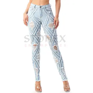 Jeans ketat kulit Skinny tinggi dengan desain Denim berjumbai unik Distressing berat untuk wanita muda