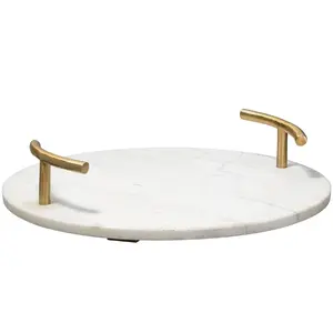 Plateau rond en marbre blanc avec poignée en métal pour la maison, la cuisine, la restauration, le service de nourriture, le thé, le café, le petit-déjeuner, les plats. - Product Image 1