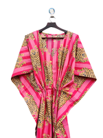 Kaftan en coton imprimé tigre rose fait à la main pour femmes taille libre longue robe de plage été Bikini haut enveloppant longueur au sol naturel