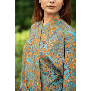 Cárdigan Bohme Nouvelle Soie para Mujer, Kimono de Lujo con Estampado Floral Naranja, Rosa y Azul, Estilo Sari, Túnica de Playa de Regal House, Regalo de Cumpleaños - Product Image 3