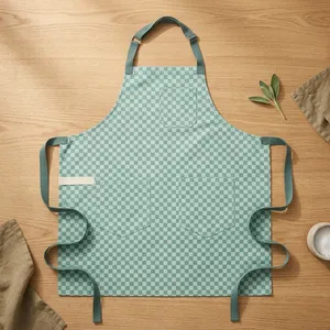 Delantal sin mangas a cuadros verde de algodón con bolsillos, lavable a máquina, para uso diario, estilo sencillo, tela tejida, artículos de limpieza - Product Image 1