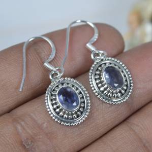Solide 925 Sterling Silver Blue Iolite Quartz Ovale Forme Lunette Réglage Gemme Dangle & Drop Boucles D'oreilles Fine Jewelry Cadeau Pour Elle - Product Image 3