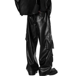 กางเกงหนังผู้ชายยาวถึงพื้นกางเกงทรงตรงลำลองทรงหลวมสีล้วนมีกระดุม - Product Image 5