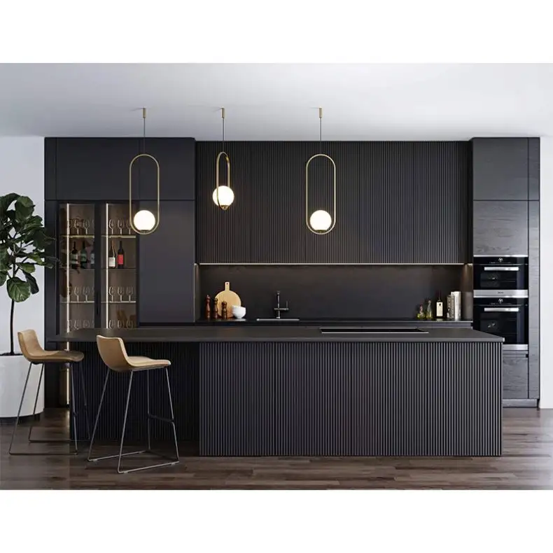 Realgres Custom Curved Kitchen Island Holz einheit Designs Smart Schrank Schwarz Komplette Küchen schränke