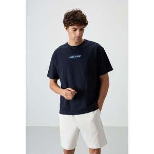 Camiseta Azul Marino 100% Algodón para Hombre, Corte Holgado con Textura Gruesa y Tela Jersey Estampada-88372 - Product Image 3