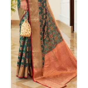 Sari en soie tissée vert sarcelle exceptionnel, élégant pour les mariages - Product Image 2