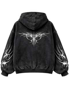 Manufacturer Black Acid Washed <b>Zip</b> <b>Up</b> Hoodie With Gothic Tribal White Print Oversized Streetwear <b>Women</b> Cotton Fleece <b>Jacket</b> - Product Image 2