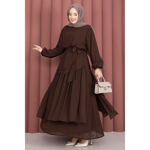 Vestido Asimétrico de Gasa con Volantes, Estilo Modesto con Cintura Imperio, Color Marrón - Product Image 4