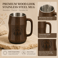 Bouteille d'eau sans couvercle en acier inoxydable 304 avec logo personnalisé, motif bois nordique, poignée octogonale, tasse à boire écologique et moderne
