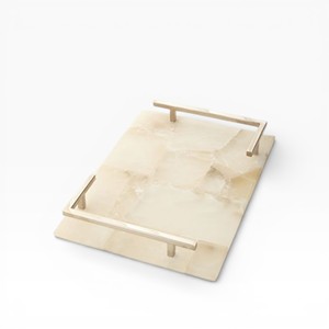 Rectangular Natural Brown Agate Stone Serving Tray with Polished Crystal <b>Mosaic</b> Surface and Elegant Gold Metal Side Handles - Product Image 4