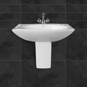 Finition brillante et mate Design rond Lavabo autoportant à surface solide-Lavabo semi-sur pied en pierre de céramique pour salle de bain - Product Image 3