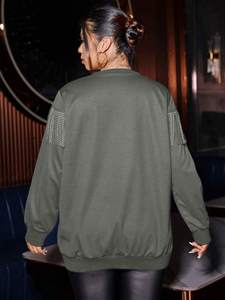 Sudadera de gran tamaño con flecos de diamantes de imitación, jersey de estilo occidental con cuentas de manga larga, ropa de calle verde oscuro, ropa de moda de algodón Glam - Product Image 2