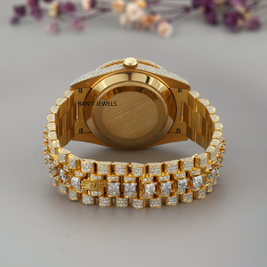 นาฬิกาหรูหราประดับเพชรโมอิสซาไนต์เต็มหน้าปัด ตัวเรือนสีทอง สายยางสแตนเลส ขนาด 20 มม. หน้าปัดกระจก เครื่องประดับฮิปฮอป ระยิบระยับอย่างมีระดับ - Product Image 3