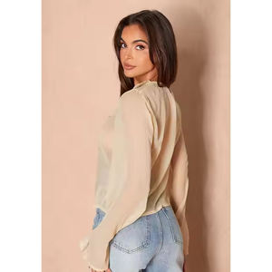 Nuevos productos calientes de moda de las mujeres Casual Beige gasa volante frente camisa verano manga larga escote vestido - Product Image 2
