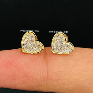 14K Solid <b>Gold</b> Baguette Natural Diamond Solid <b>Gold</b> <b>Heart</b> Stud Piercing Fine Jewelry. - Product Image 1