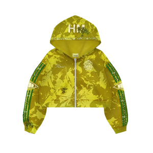 Sweat à capuche court zippé personnalisé avec impression intégrale, broderie vieillie, coupe ample, délavage acide et strass - Product Image 3