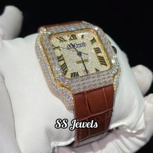 นาฬิกาสเตนเลสสไตล์ฮิปฮอปสำหรับผู้ชายสายหนังแอนะล็อกสายหนังวินเทจตัดเพชรโมอิส - Product Image 4