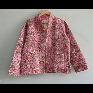 Chaqueta de algodón indio, chaqueta rosa de algodón acolchado, chaqueta hecha a mano, chaqueta para mujer, abrigo bohemio, chaqueta floral, abrigo estampado bloque - Product Image 3